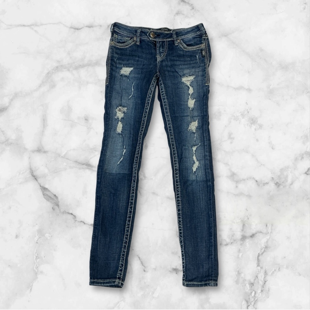 Silver Jeans Women's Distressed Dark Blue Skinny Jeans